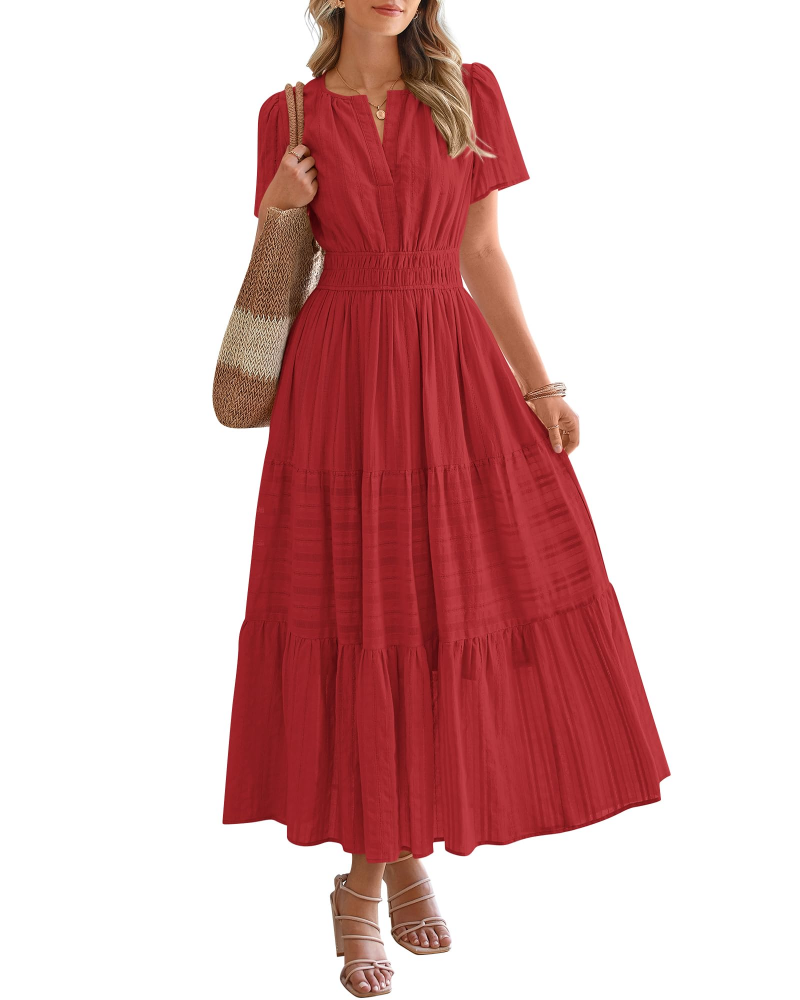 Eliza Abito Donna – Abito Maxi Bohémien Scollo a V Maniche Corte Vita Elastica Fluida Tasche