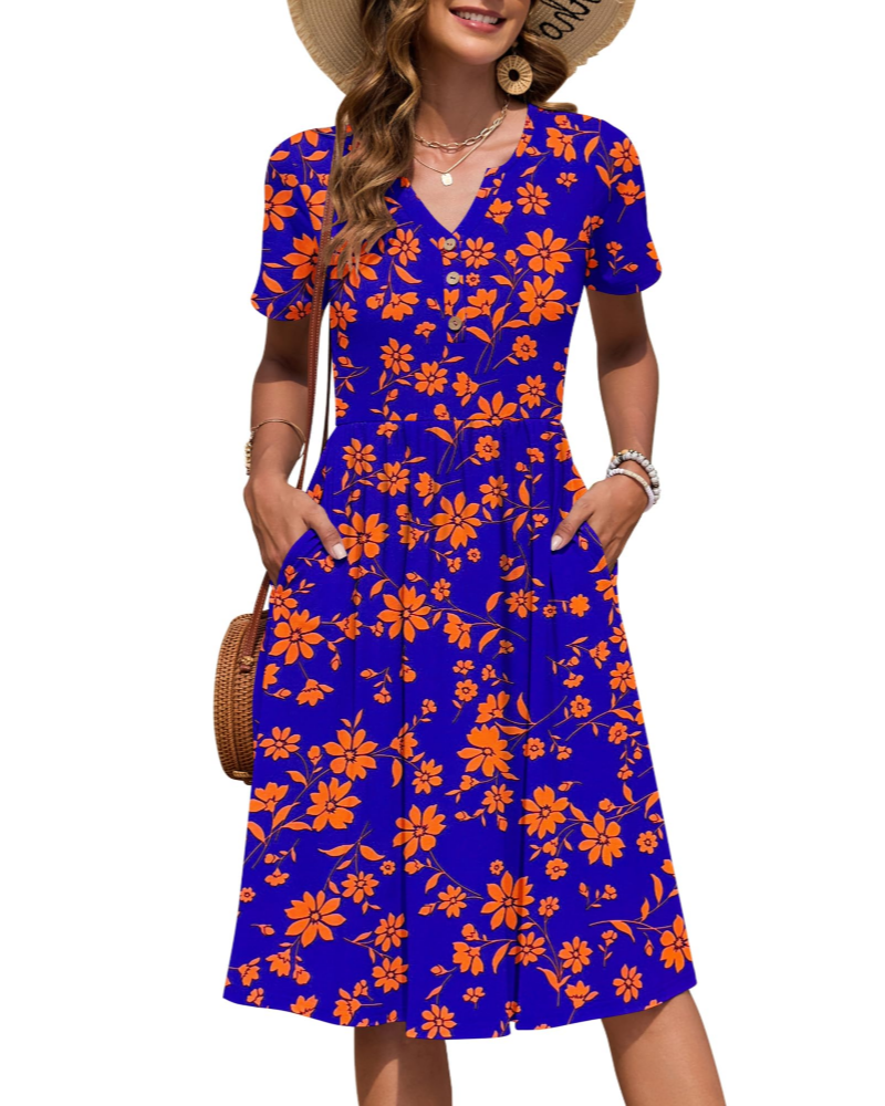 Ester Abito Donna – Abito Estate Mi-Longue Scollo a V Maniche Corte Boutonnée Taille Empire Tasche