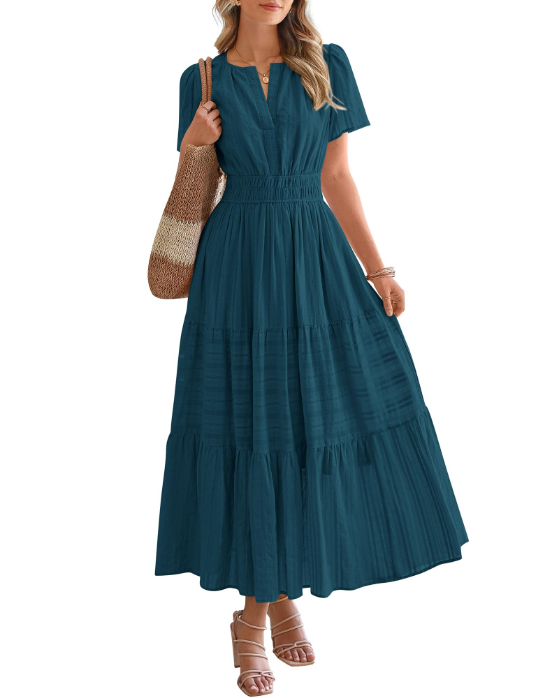 Eliza Abito Donna – Abito Maxi Bohémien Scollo a V Maniche Corte Vita Elastica Fluida Tasche