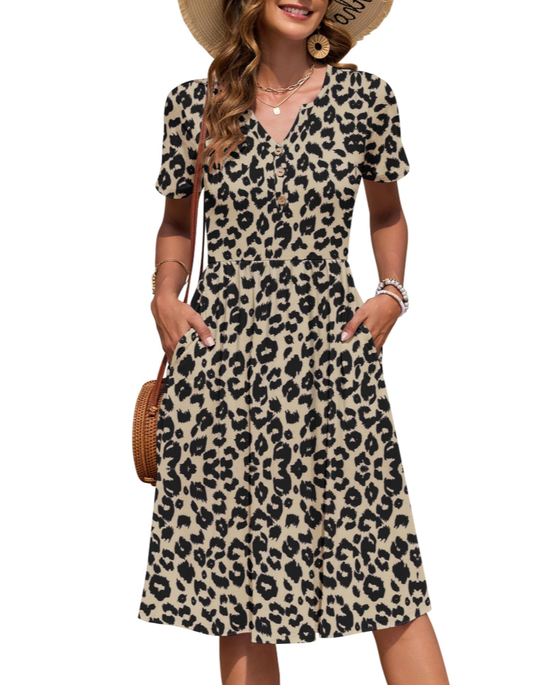 Ester Abito Donna – Abito Estate Mi-Longue Scollo a V Maniche Corte Boutonnée Taille Empire Tasche