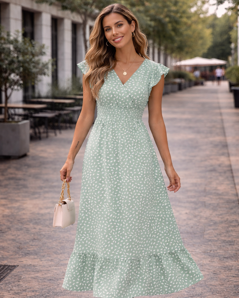 Lizbeth Abito Maxi Donna – Scollo a V Manches Pétales, Vita Alta Elastica & Linea Fluida Estate