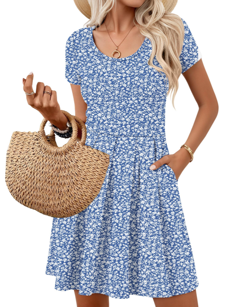 Nira Abito Donna – Abito Mini a Trapezio Scollo a V Maniche Corte con Tasche Estate Casual