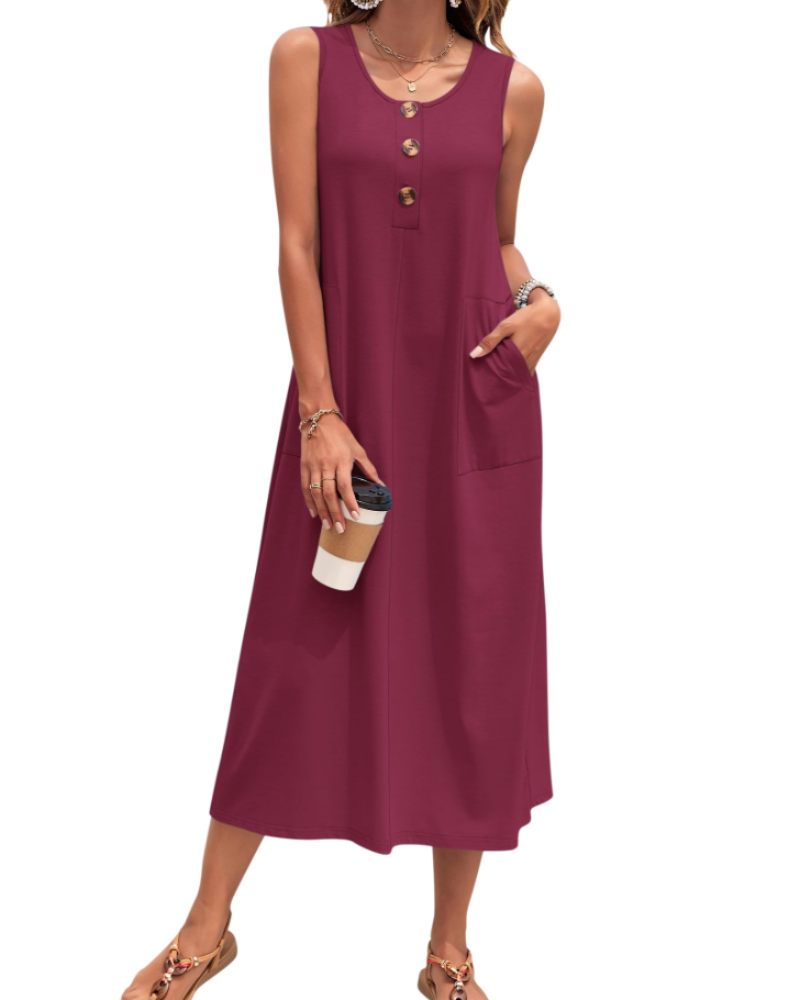Julia Abito Donna – Abito Maxi a Trapezio Senza Maniche Boutonnée con Tasche Estate Casual