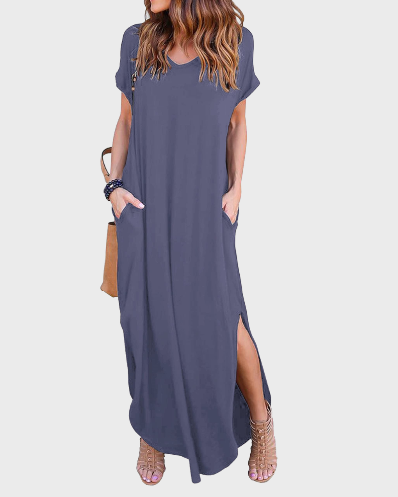 Rosenda Abito Maxi Donna – Scollo a V Maniche Corte, Linea Fluida & Fente con Tasche Estate