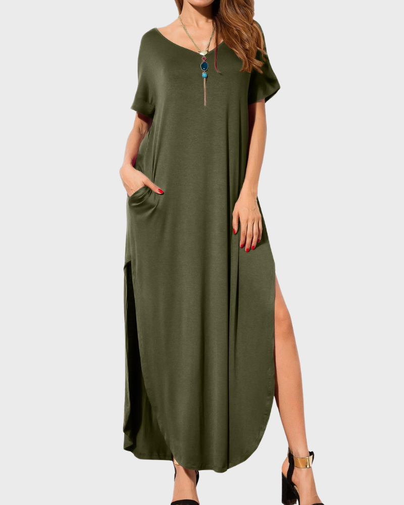 Rosenda Abito Maxi Donna – Scollo a V Maniche Corte, Linea Fluida & Fente con Tasche Estate