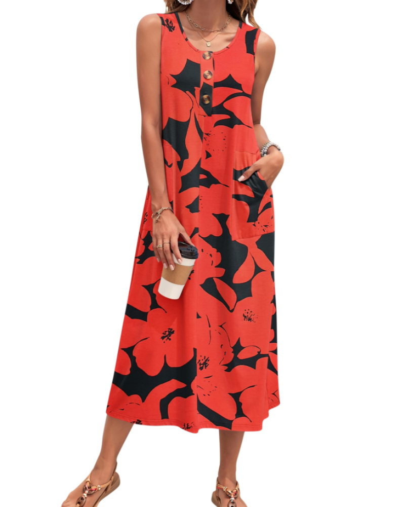 Julia Abito Donna – Abito Maxi a Trapezio Senza Maniche Boutonnée con Tasche Estate Casual