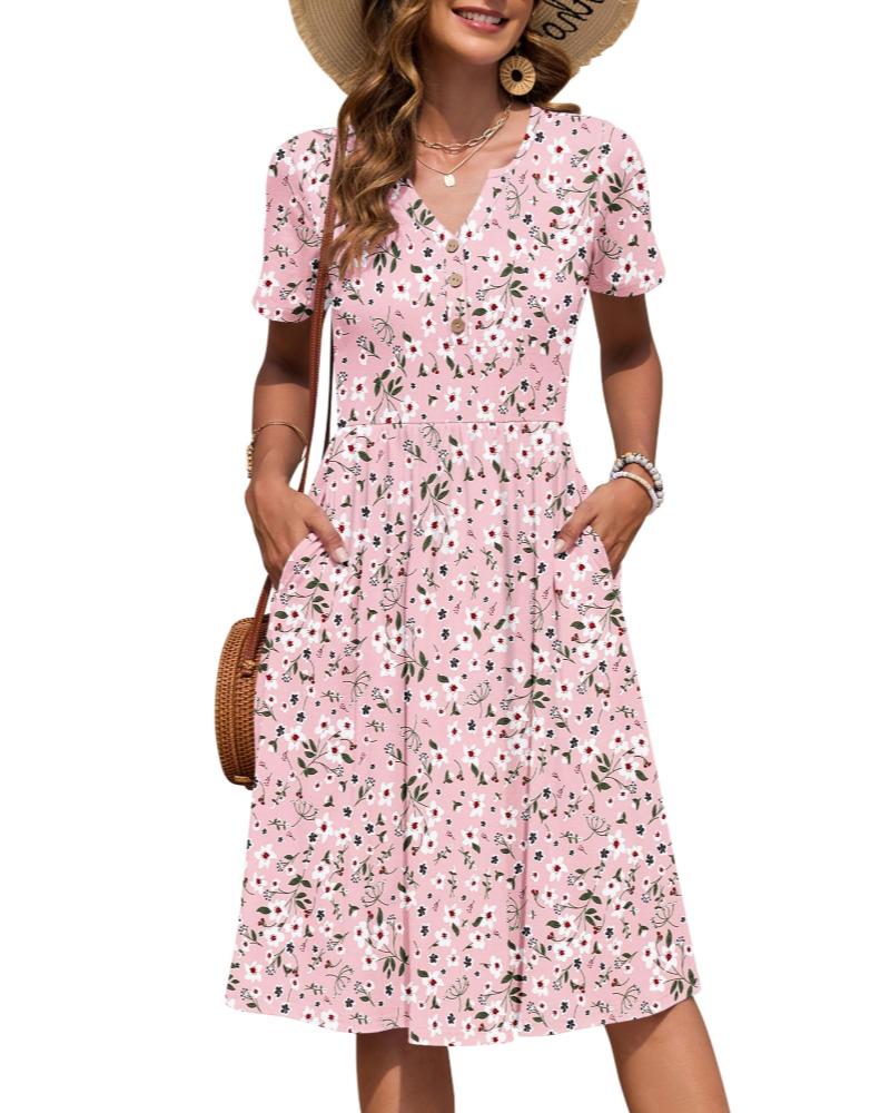 Ester Abito Donna – Abito Estate Mi-Longue Scollo a V Maniche Corte Boutonnée Taille Empire Tasche