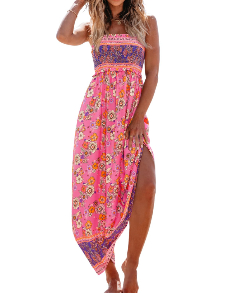 Jheda Abito Longue Donna – Abito Maxi a Fiori Smockée Bretella Fines Balze Bohémien Chic Estate