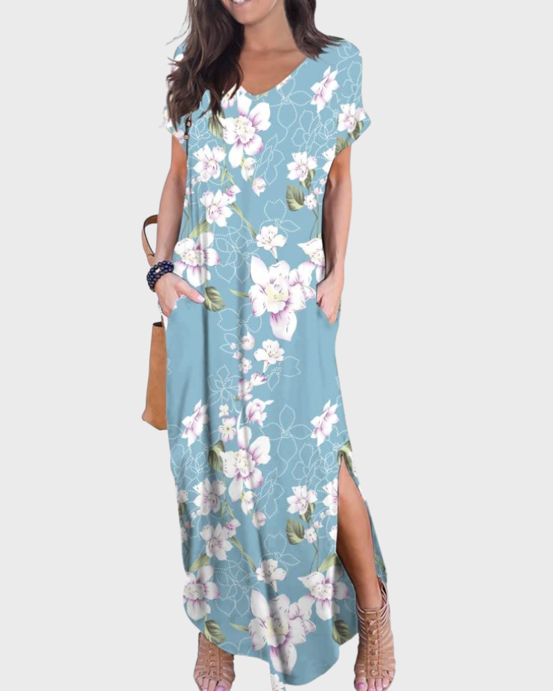 Rosenda Abito Maxi Donna – Scollo a V Maniche Corte, Linea Fluida & Fente con Tasche Estate