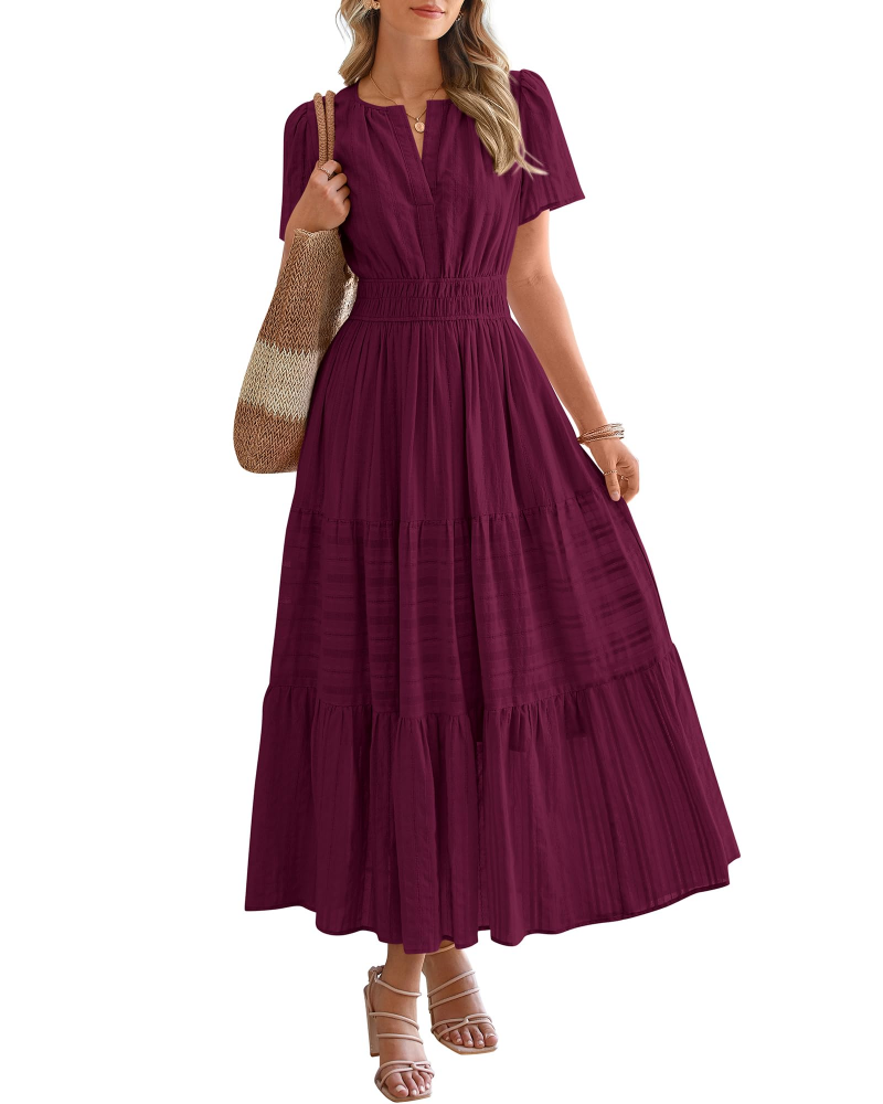 Eliza Abito Donna – Abito Maxi Bohémien Scollo a V Maniche Corte Vita Elastica Fluida Tasche
