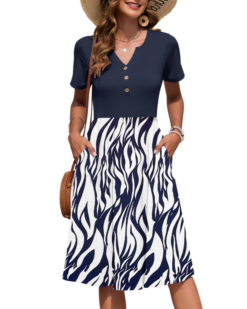 Ester Abito Donna – Abito Estate Mi-Longue Scollo a V Maniche Corte Boutonnée Taille Empire Tasche