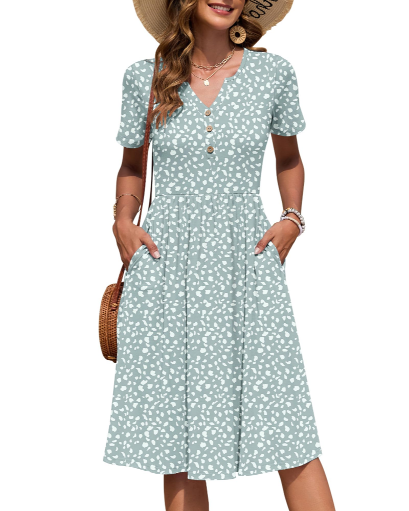 Ester Abito Donna – Abito Estate Mi-Longue Scollo a V Maniche Corte Boutonnée Taille Empire Tasche