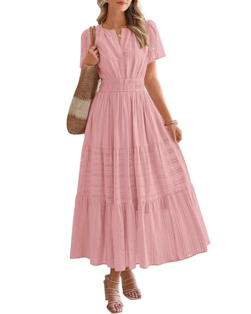 Eliza Abito Donna – Abito Maxi Bohémien Scollo a V Maniche Corte Vita Elastica Fluida Tasche