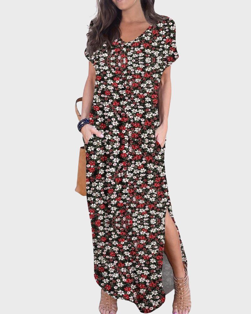 Rosenda Abito Maxi Donna – Scollo a V Maniche Corte, Linea Fluida & Fente con Tasche Estate