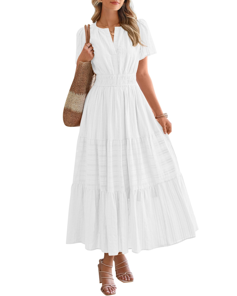 Eliza Abito Donna – Abito Maxi Bohémien Scollo a V Maniche Corte Vita Elastica Fluida Tasche
