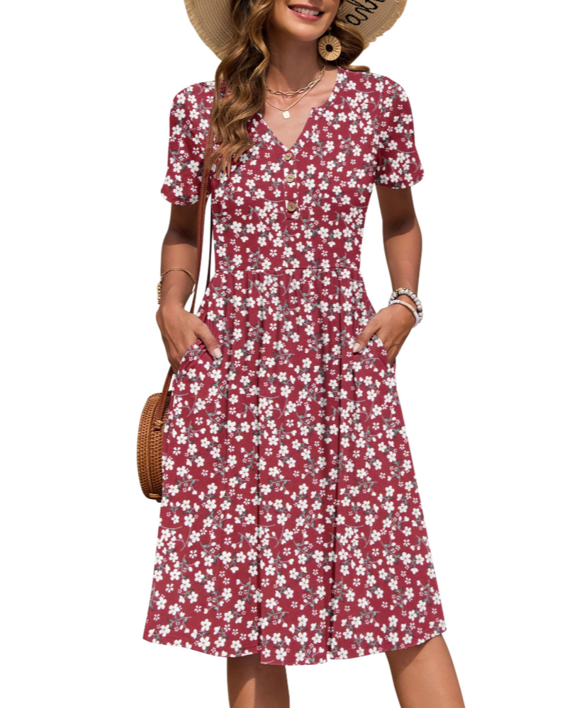 Ester Abito Donna – Abito Estate Mi-Longue Scollo a V Maniche Corte Boutonnée Taille Empire Tasche