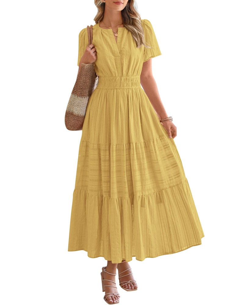 Eliza Abito Donna – Abito Maxi Bohémien Scollo a V Maniche Corte Vita Elastica Fluida Tasche