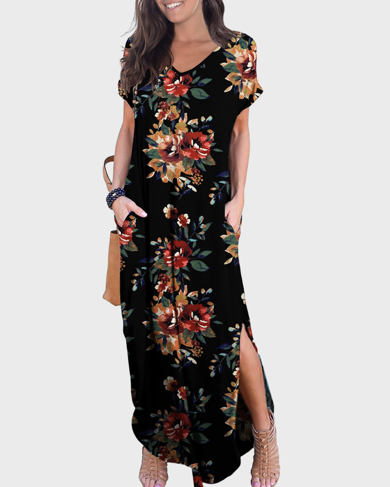 Rosenda Abito Maxi Donna – Scollo a V Maniche Corte, Linea Fluida & Fente con Tasche Estate