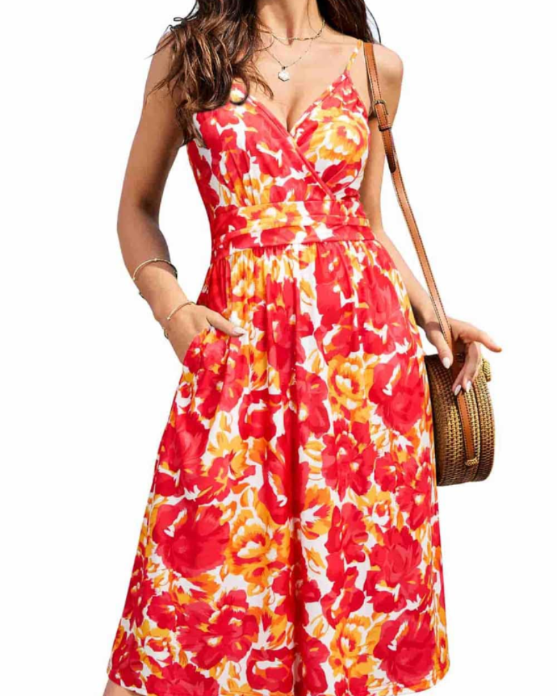 Verna Abito Midi Donna – Abito a Fiori Scollo a V Bretella Fines & Linea a Trapezio Tasche