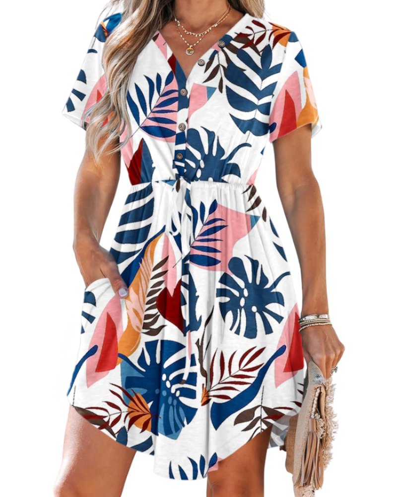 Wenna Abito Donna – Abito Mini Scollo a V Maniche Corte Taille Coulissée con Tasche Estate