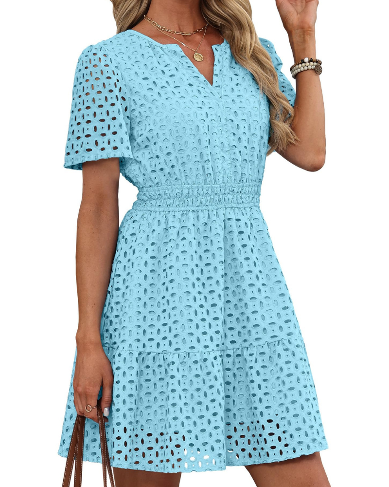 Hedwig Abito Donna – Scollo a V Pizzo Brodée, Maniche Corte & Linea Mini Vita Alta Estate