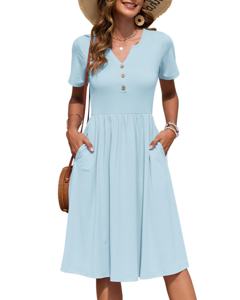 Ester Abito Donna – Abito Estate Mi-Longue Scollo a V Maniche Corte Boutonnée Taille Empire Tasche