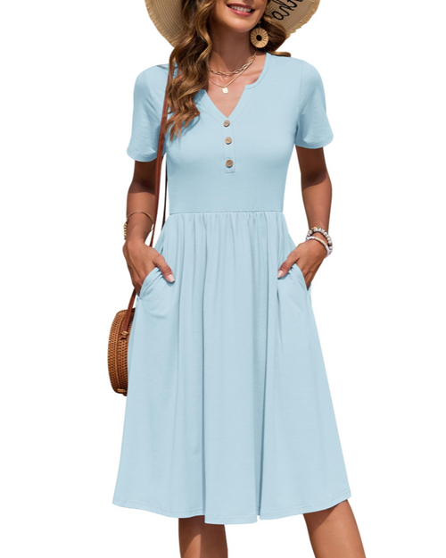 Ester Abito Donna – Abito Estate Mi-Longue Scollo a V Maniche Corte Boutonnée Taille Empire Tasche