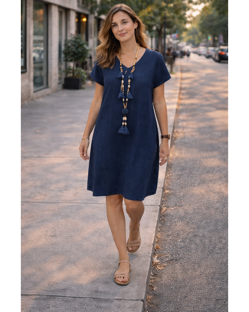 Salome Abito Donna – Scollo a V Cotone Lin, Maniche Corte & Linea a Trapezio Midi con Tasche Estate