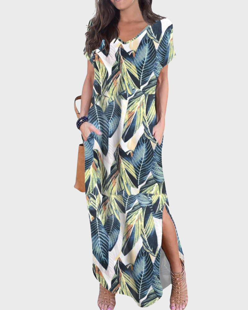 Rosenda Abito Maxi Donna – Scollo a V Maniche Corte, Linea Fluida & Fente con Tasche Estate
