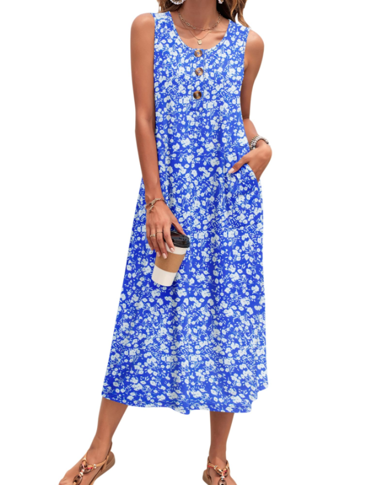 Julia Abito Donna – Abito Maxi a Trapezio Senza Maniche Boutonnée con Tasche Estate Casual