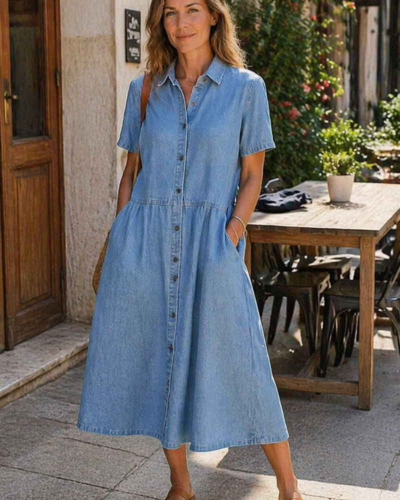 Monette Abito Donna – Abito Denim Mi-Longue Boutonnée con Col Camicia & Tasche Casual Chic