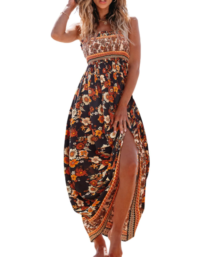Jheda Abito Longue Donna – Abito Maxi a Fiori Smockée Bretella Fines Balze Bohémien Chic Estate