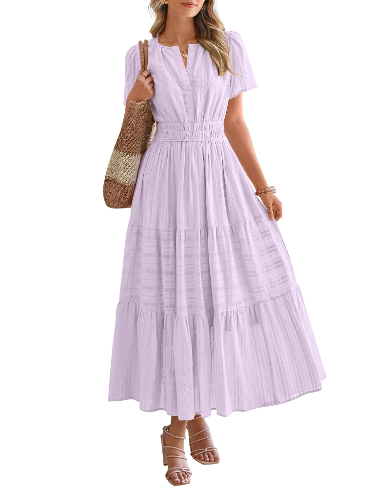 Eliza Abito Donna – Abito Maxi Bohémien Scollo a V Maniche Corte Vita Elastica Fluida Tasche