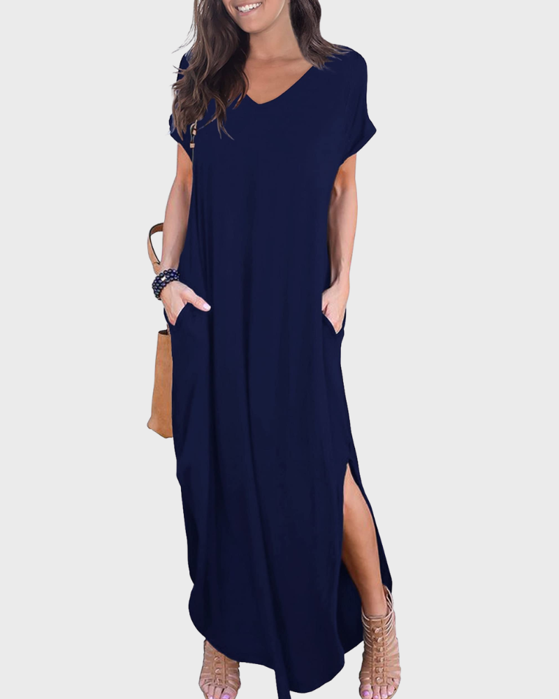 Rosenda Abito Maxi Donna – Scollo a V Maniche Corte, Linea Fluida & Fente con Tasche Estate