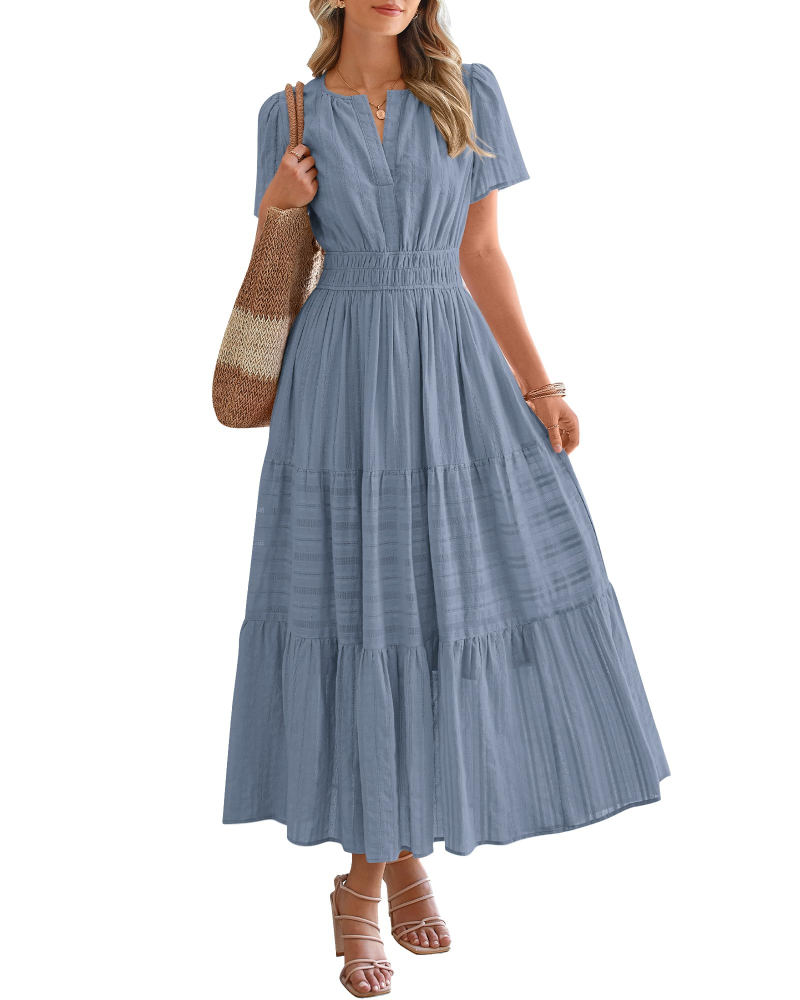 Eliza Abito Donna – Abito Maxi Bohémien Scollo a V Maniche Corte Vita Elastica Fluida Tasche