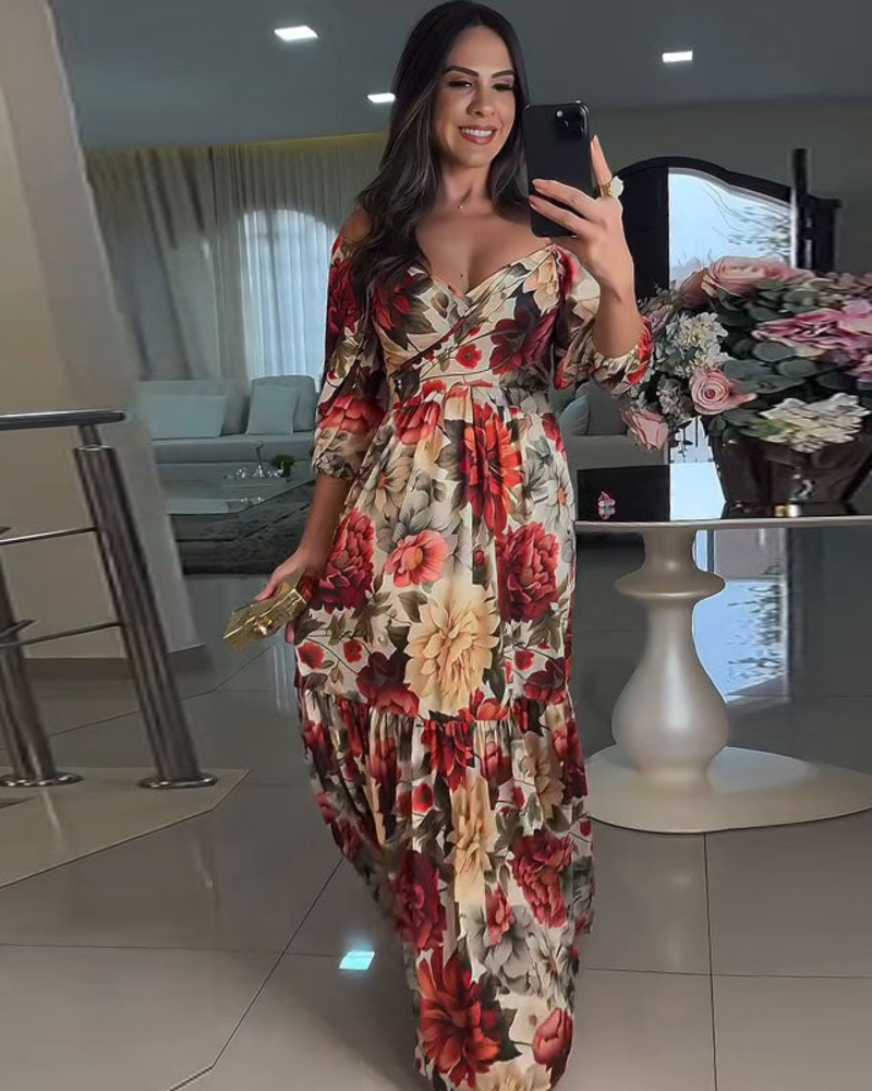 Rosalie Abito Maxi Donna – Abito a Fiori Épaules Dénudées, Gonna Balze & Style Romantique