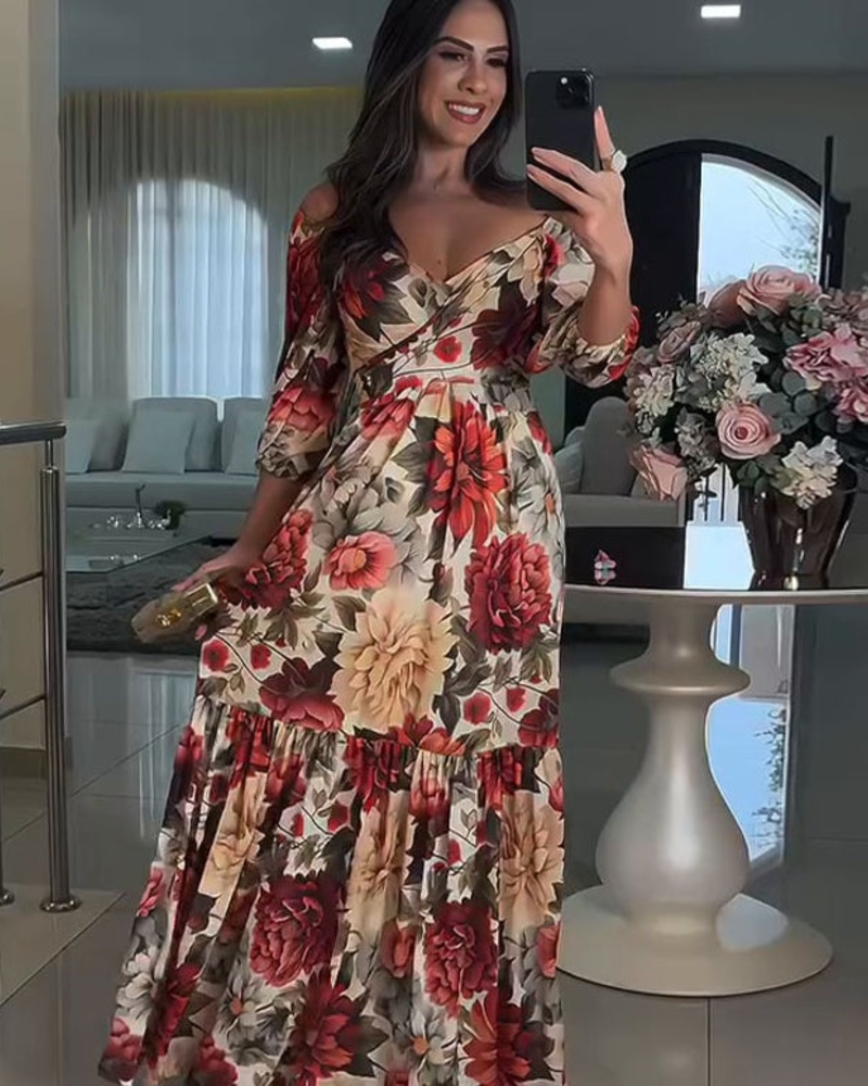 Rosalie Abito Maxi Donna – Abito a Fiori Épaules Dénudées, Gonna Balze & Style Romantique