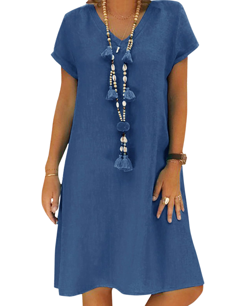 Salome Abito Donna – Scollo a V Cotone Lin, Maniche Corte & Linea a Trapezio Midi con Tasche Estate
