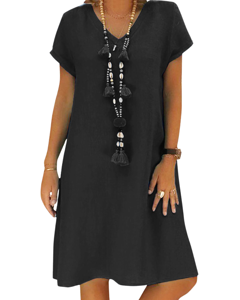 Salome Abito Donna – Scollo a V Cotone Lin, Maniche Corte & Linea a Trapezio Midi con Tasche Estate