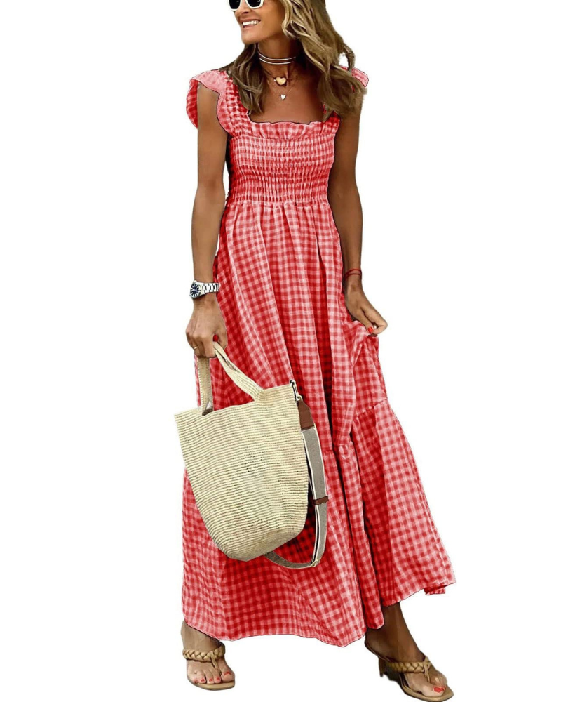 Rona Abito Maxi Donna – Scollo Quadrato Bretella Fines Carreaux, Linea a Trapezio & Dos Smocké con Tasche
