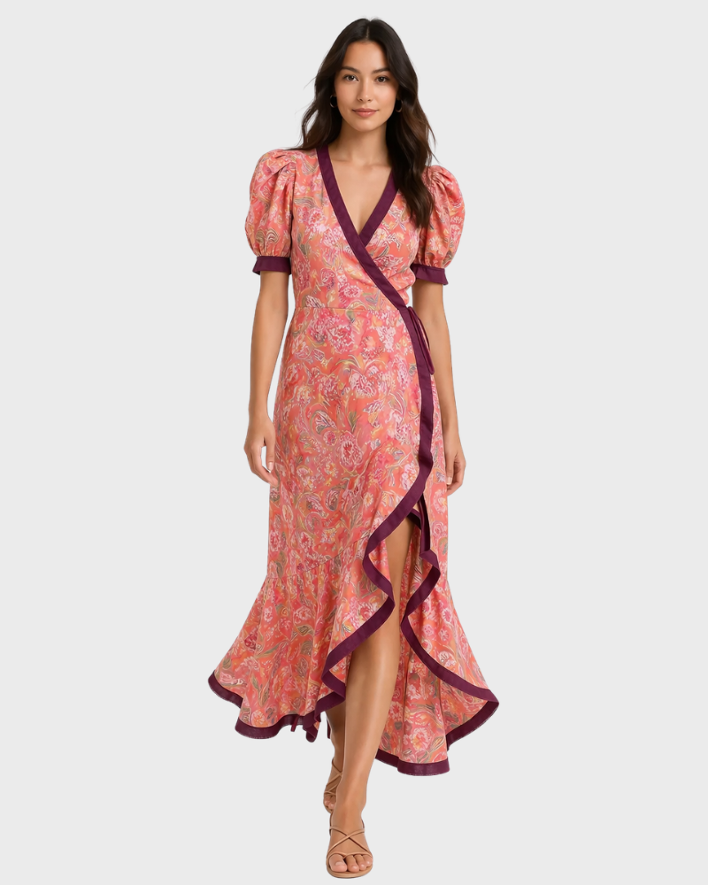 Mirasol Abito Donna – Linea Croisée, Manches Bouffantes & Style Parisien Elegante