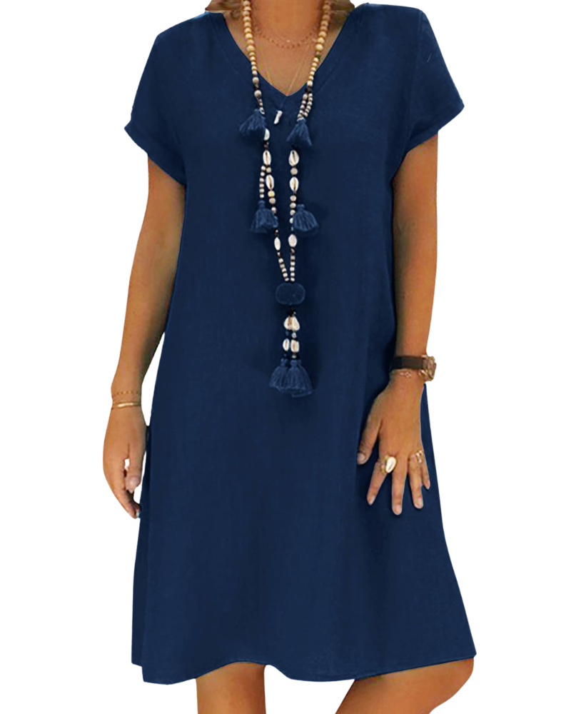 Salome Abito Donna – Scollo a V Cotone Lin, Maniche Corte & Linea a Trapezio Midi con Tasche Estate