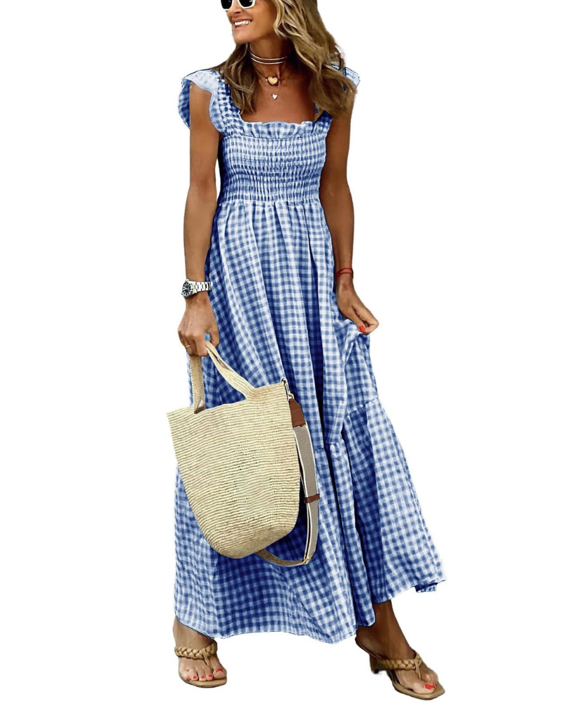 Rona Abito Maxi Donna – Scollo Quadrato Bretella Fines Carreaux, Linea a Trapezio & Dos Smocké con Tasche