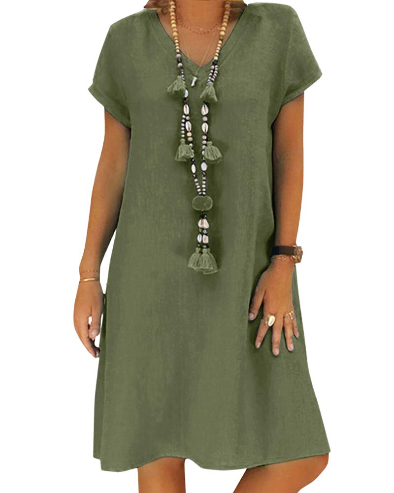 Salome Abito Donna – Scollo a V Cotone Lin, Maniche Corte & Linea a Trapezio Midi con Tasche Estate