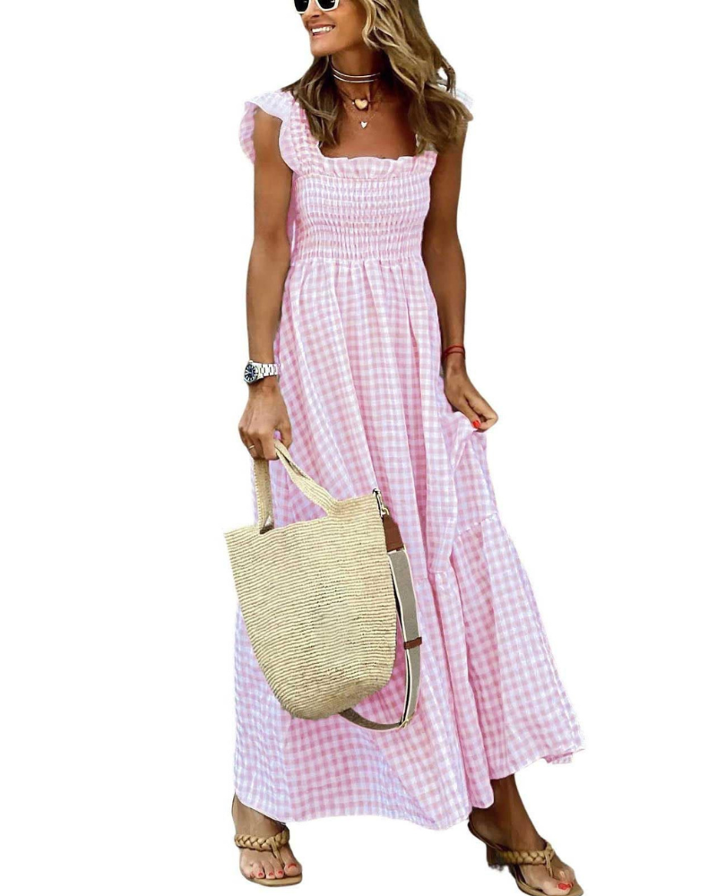 Rona Abito Maxi Donna – Scollo Quadrato Bretella Fines Carreaux, Linea a Trapezio & Dos Smocké con Tasche