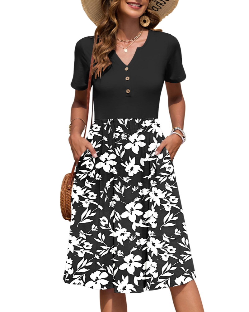Ester Abito Donna – Abito Estate Mi-Longue Scollo a V Maniche Corte Boutonnée Taille Empire Tasche