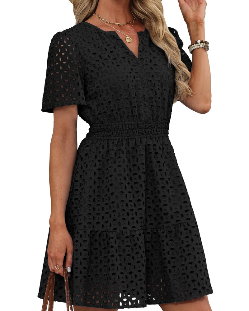 Hedwig Abito Donna – Scollo a V Pizzo Brodée, Maniche Corte & Linea Mini Vita Alta Estate