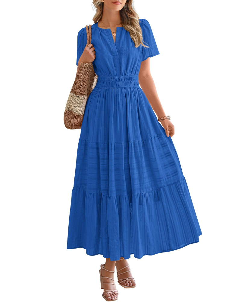 Eliza Abito Donna – Abito Maxi Bohémien Scollo a V Maniche Corte Vita Elastica Fluida Tasche
