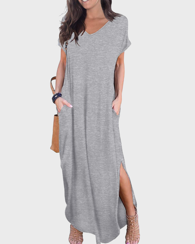 Rosenda Abito Maxi Donna – Scollo a V Maniche Corte, Linea Fluida & Fente con Tasche Estate