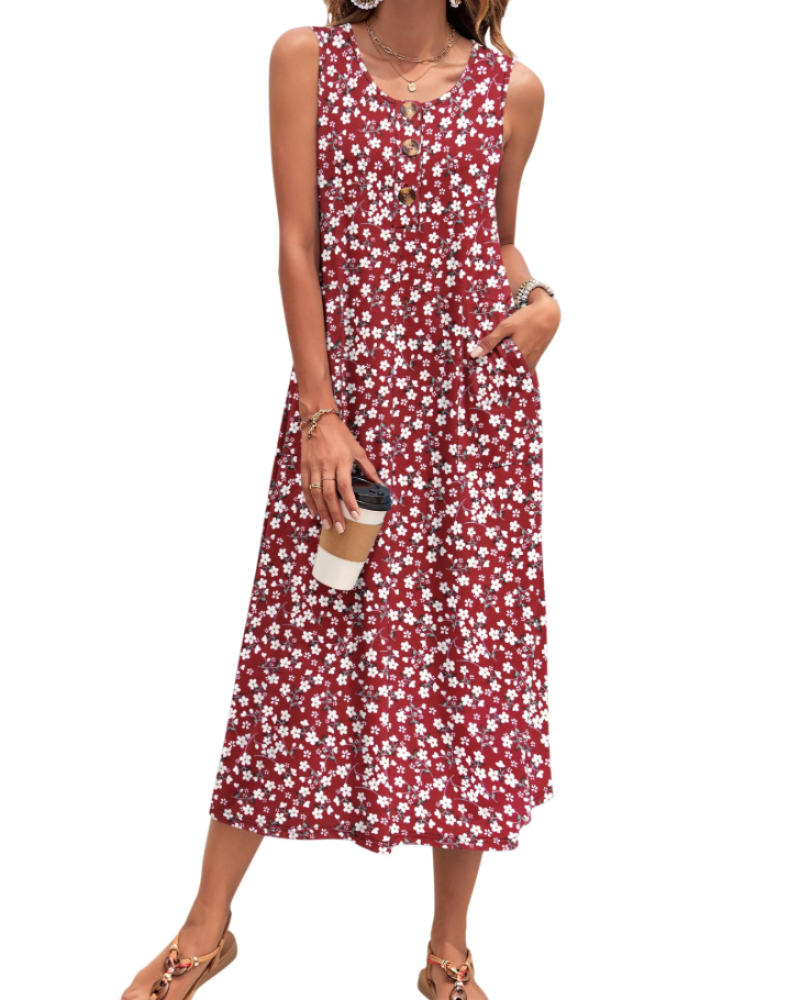 Julia Abito Donna – Abito Maxi a Trapezio Senza Maniche Boutonnée con Tasche Estate Casual